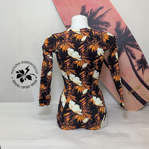 PS ENODELNE KOPALKE DOLGI ROKAV BLACK WITH ORANGE FLOWERS