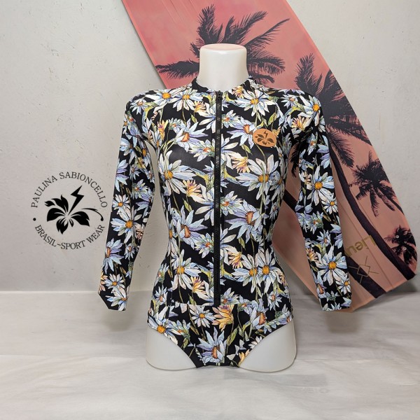 PS ENODELNE KOPALKE DOLGI ROKAV BLACK WITH WHITE FLOWERS