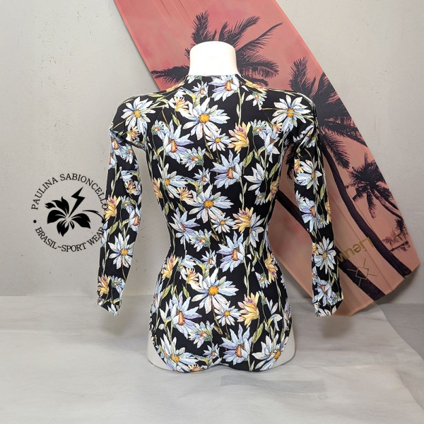 PS ENODELNE KOPALKE DOLGI ROKAV BLACK WITH WHITE FLOWERS