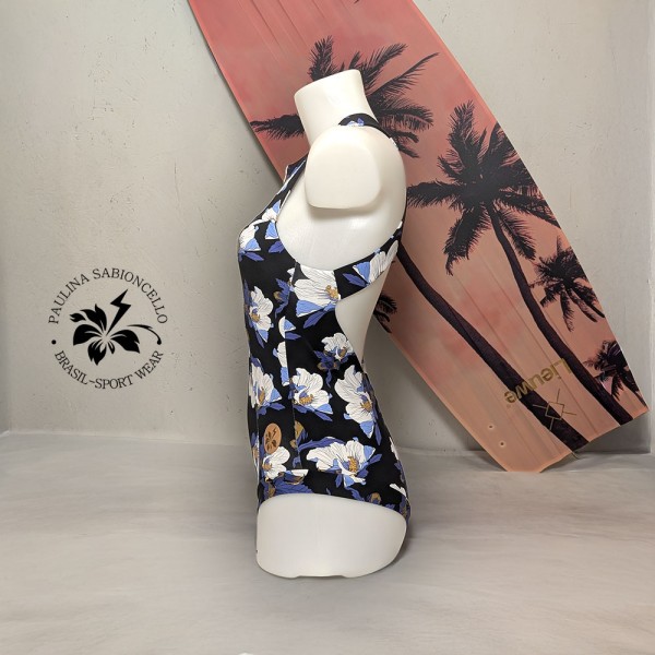 PS ENODELNE KOPALKE ODPRT HRBET BLACK WHITE BLUE FLOWERS