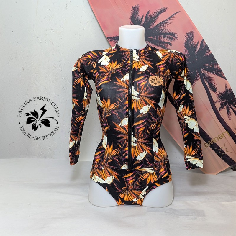 PS ENODELNE KOPALKE DOLGI ROKAV BLACK WITH ORANGE FLOWERS