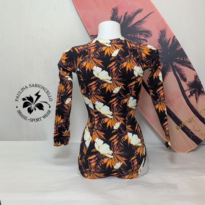 PS ENODELNE KOPALKE DOLGI ROKAV BLACK WITH ORANGE FLOWERS