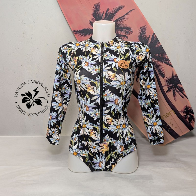 PS ENODELNE KOPALKE DOLGI ROKAV BLACK WITH WHITE FLOWERS