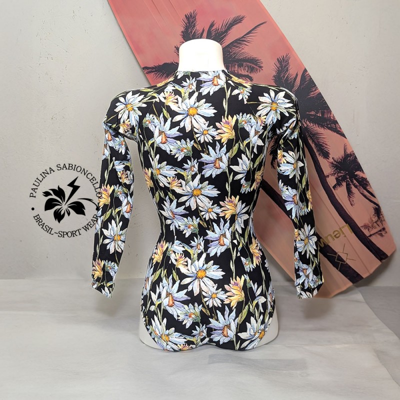 PS ENODELNE KOPALKE DOLGI ROKAV BLACK WITH WHITE FLOWERS