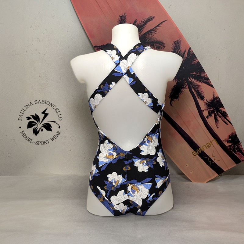 PS ENODELNE KOPALKE ODPRT HRBET BLACK WHITE BLUE FLOWERS