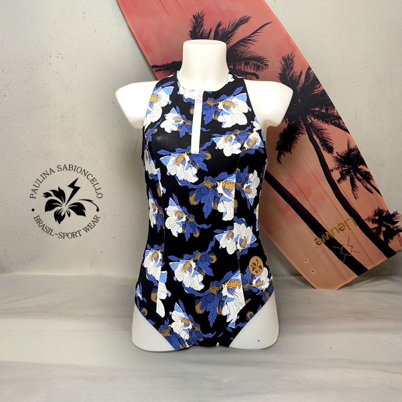 PS ENODELNE KOPALKE ODPRT HRBET BLACK WHITE BLUE FLOWERS